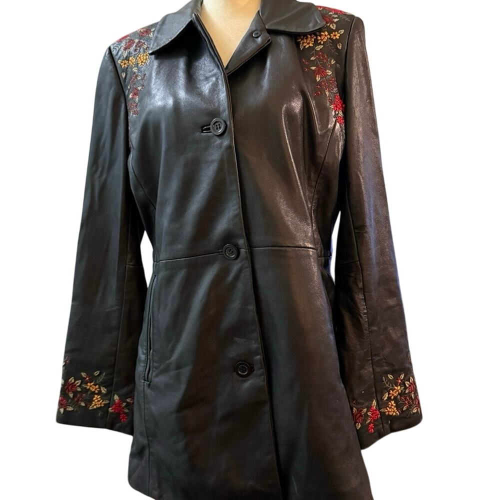 Kasper Black Genuine Leather Embroidered Floral Swing Coat Jacket Women’s Size L